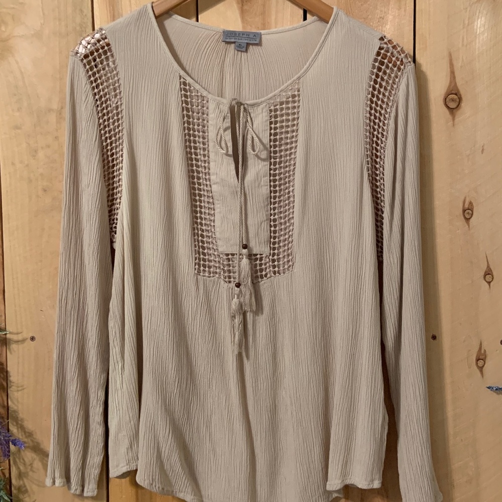 Joseph A Boho Beige Blouse with Fringe Ties